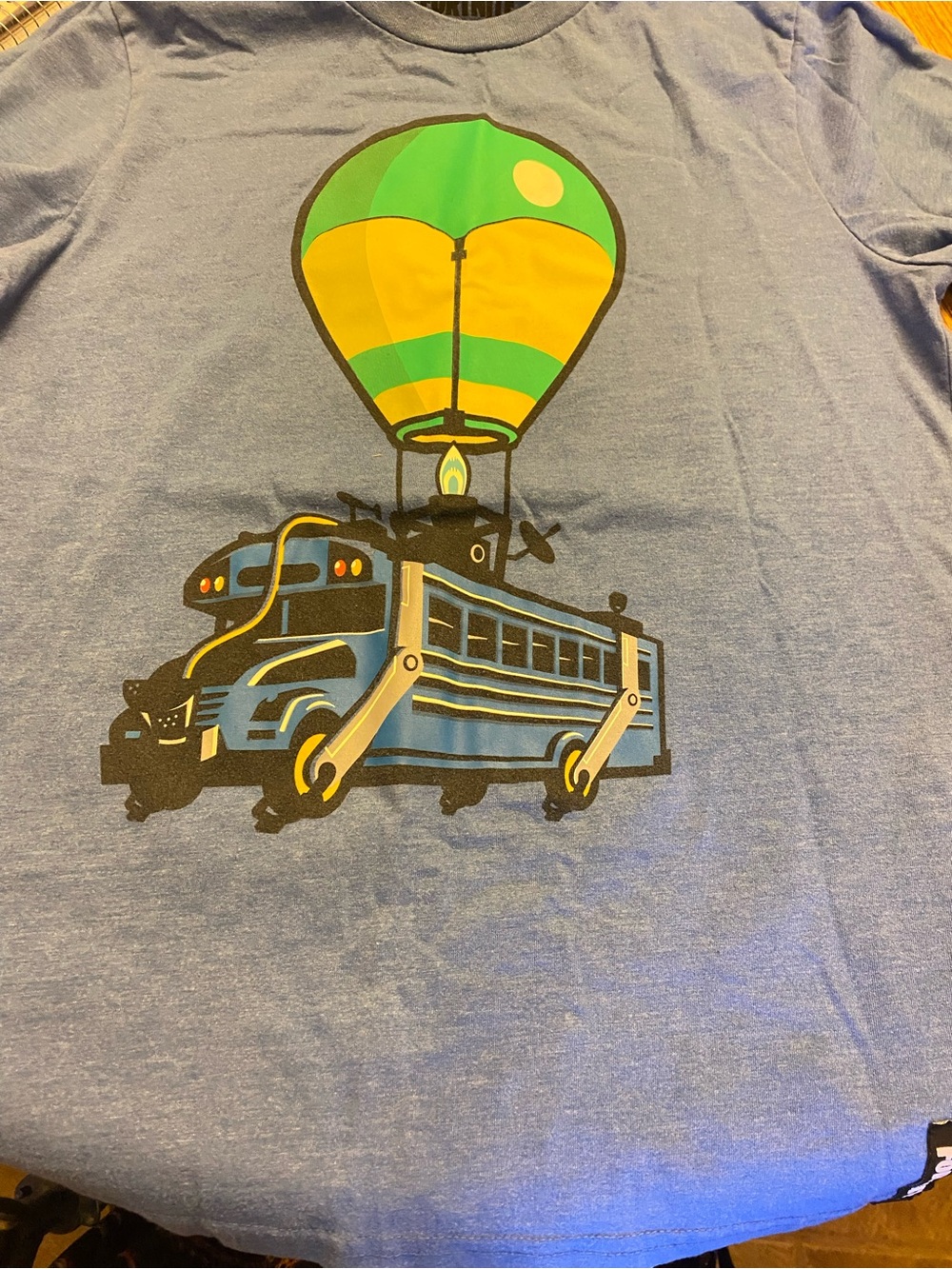 Kids Blue Graphic Tee with Green & Yellow Hot Air Balloon Bus XL
